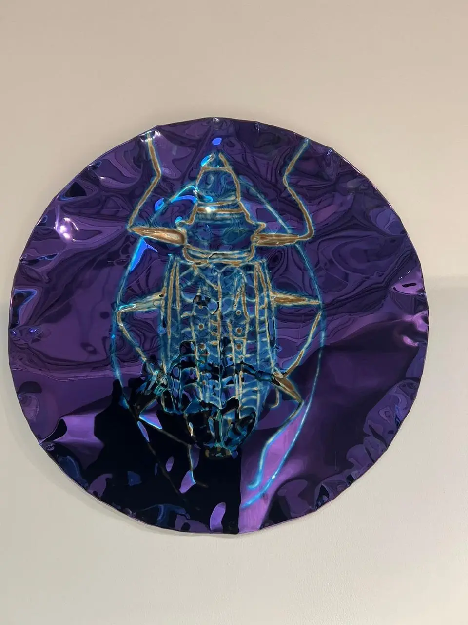 Violet mirror disc with an engraved beetle